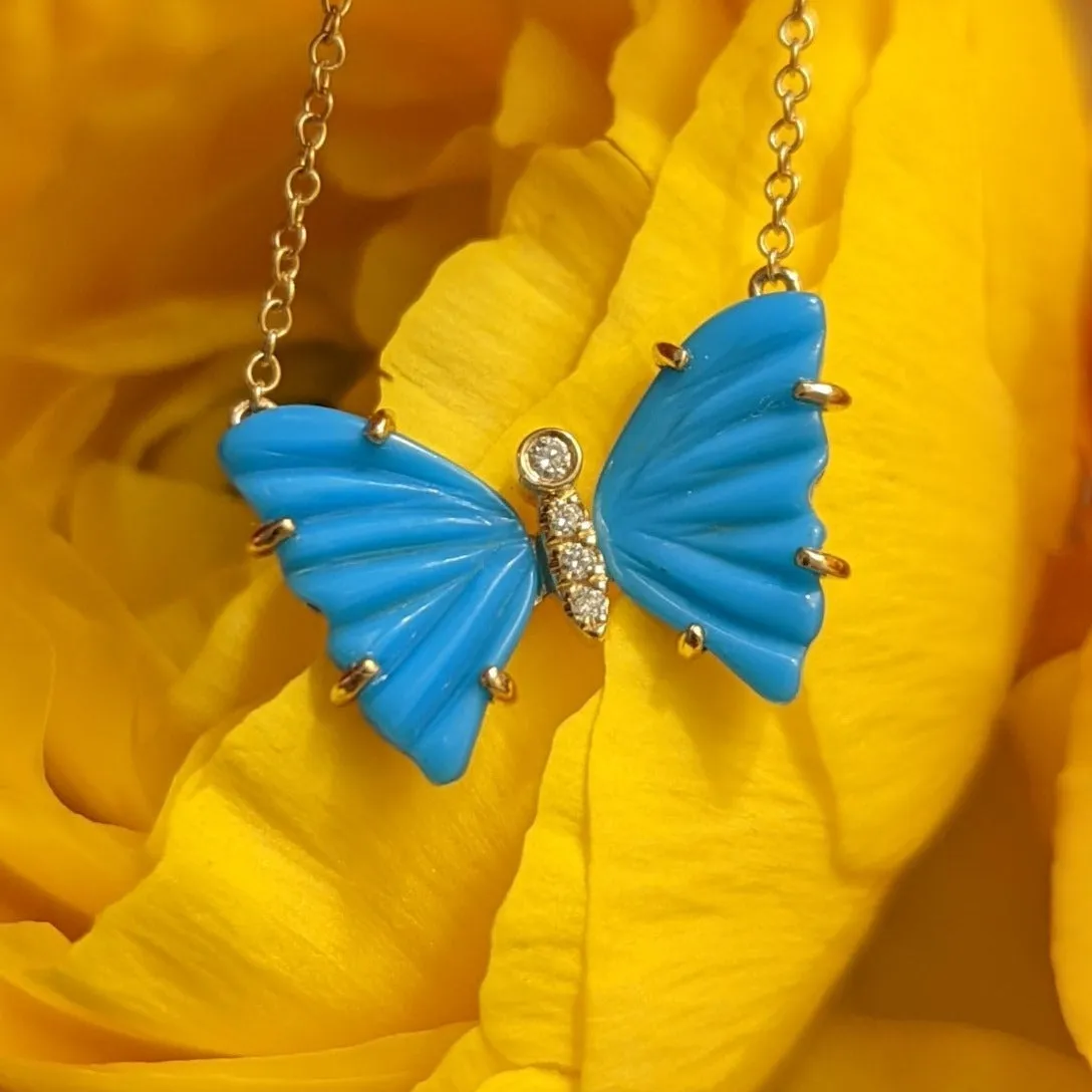 Turquoise Butterfly Necklace with Diamonds and Prongs