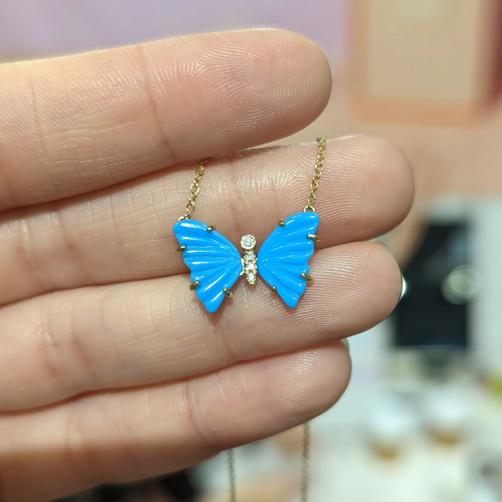 Turquoise Butterfly Necklace with Diamonds and Prongs