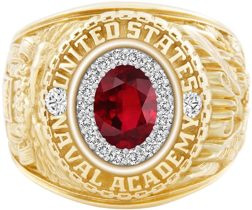 USNA Class Ring Mod with Ruby Centerpiece and Diamond Dividers