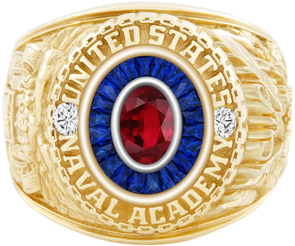 USNA Class Ring Mod with Ruby Centerpiece and Diamond Dividers