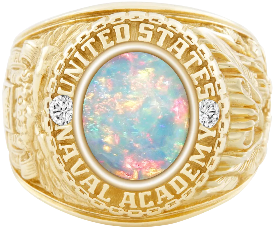 USNA Class Ring Mod with White Opal Centerpiece and Diamond Dividers