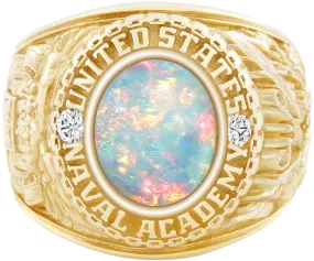 USNA Class Ring Mod with White Opal Centerpiece and Diamond Dividers