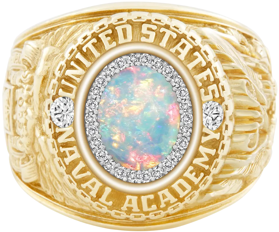 USNA Class Ring Mod with White Opal Centerpiece and Diamond Dividers