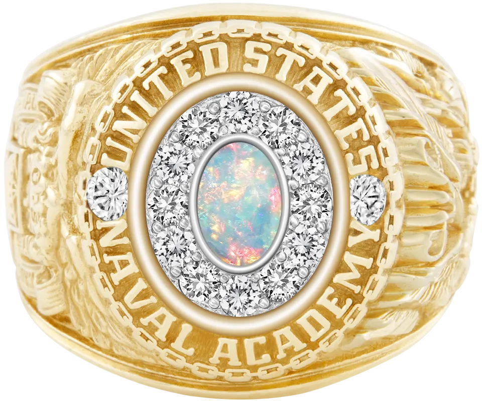 USNA Class Ring Mod with White Opal Centerpiece and Diamond Dividers