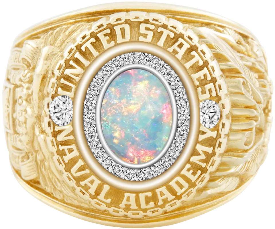 USNA Class Ring Mod with White Opal Centerpiece and Diamond Dividers