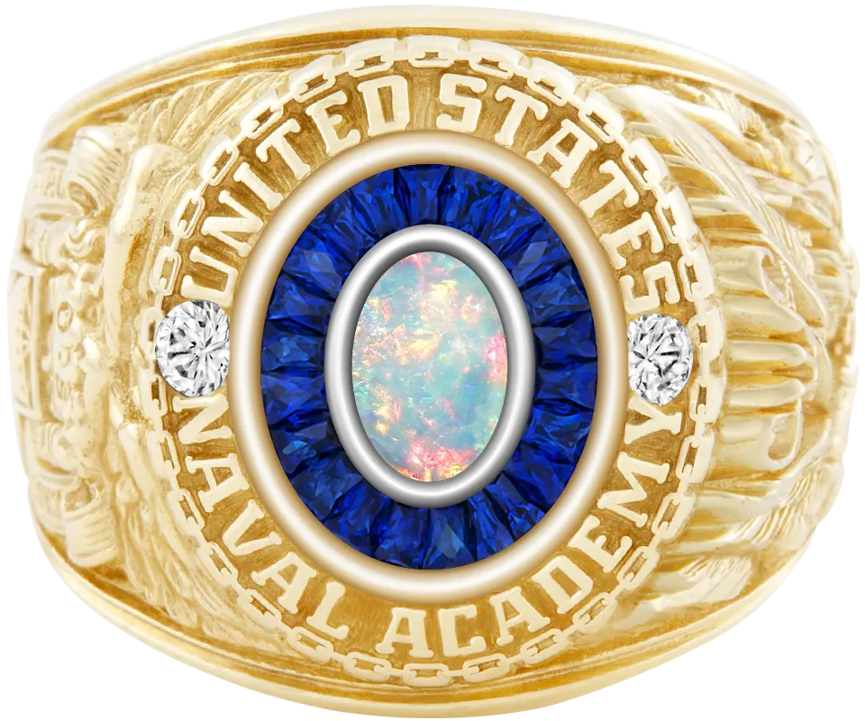 USNA Class Ring Mod with White Opal Centerpiece and Diamond Dividers