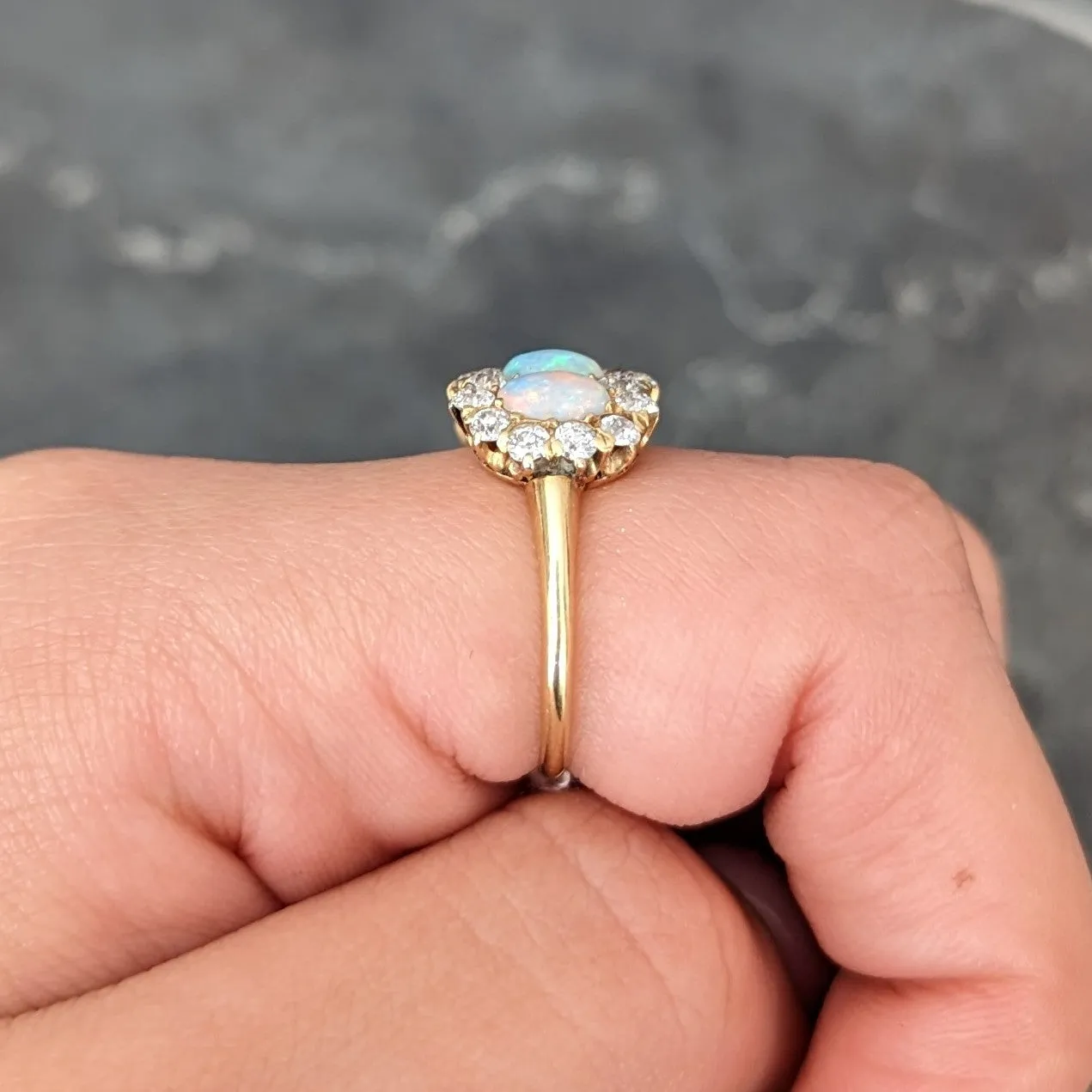 Victorian 1.32 CTW Opal Cabochon Old European Cut Diamond 18 Karat Yellow Gold Antique Cluster Ring