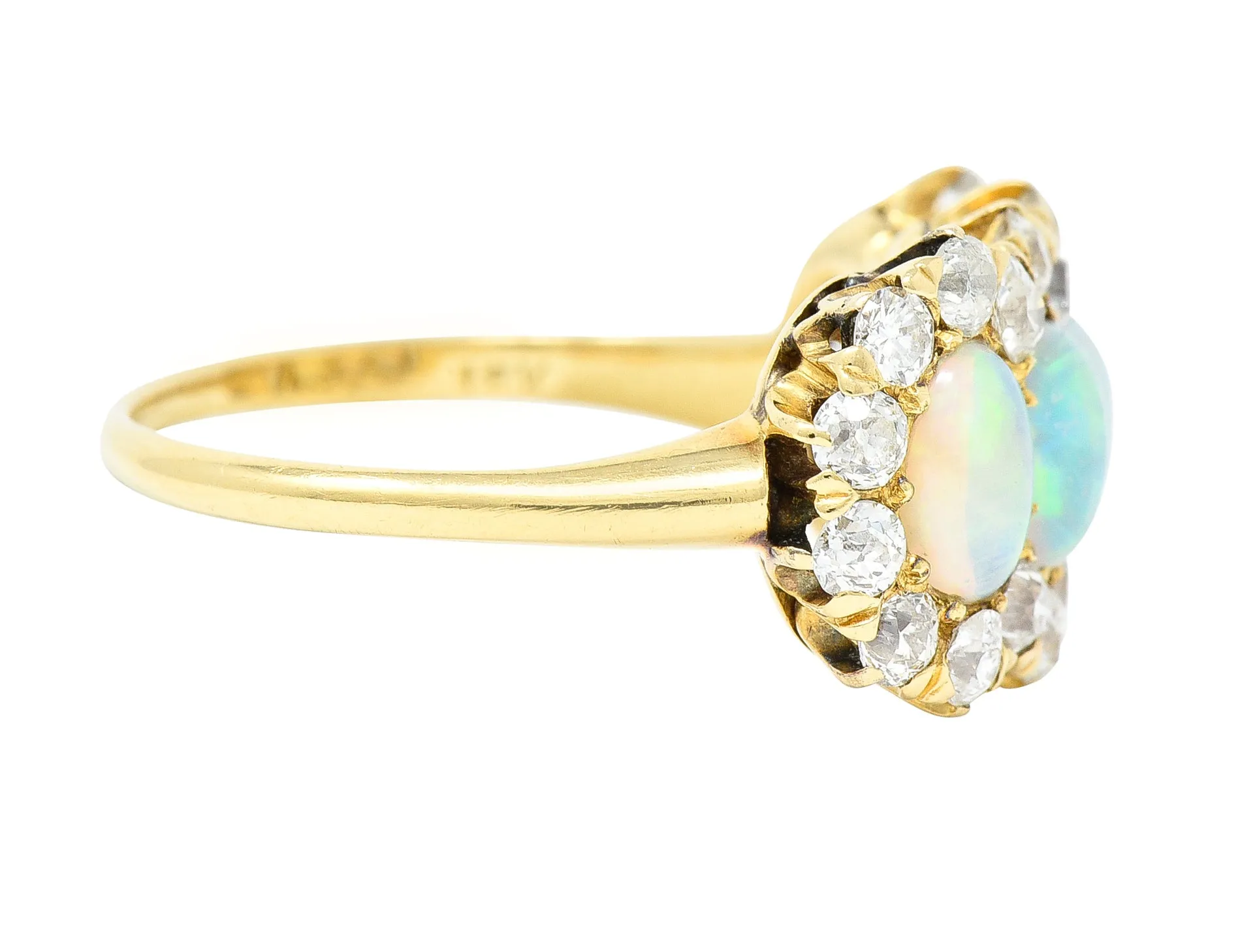 Victorian 1.32 CTW Opal Cabochon Old European Cut Diamond 18 Karat Yellow Gold Antique Cluster Ring