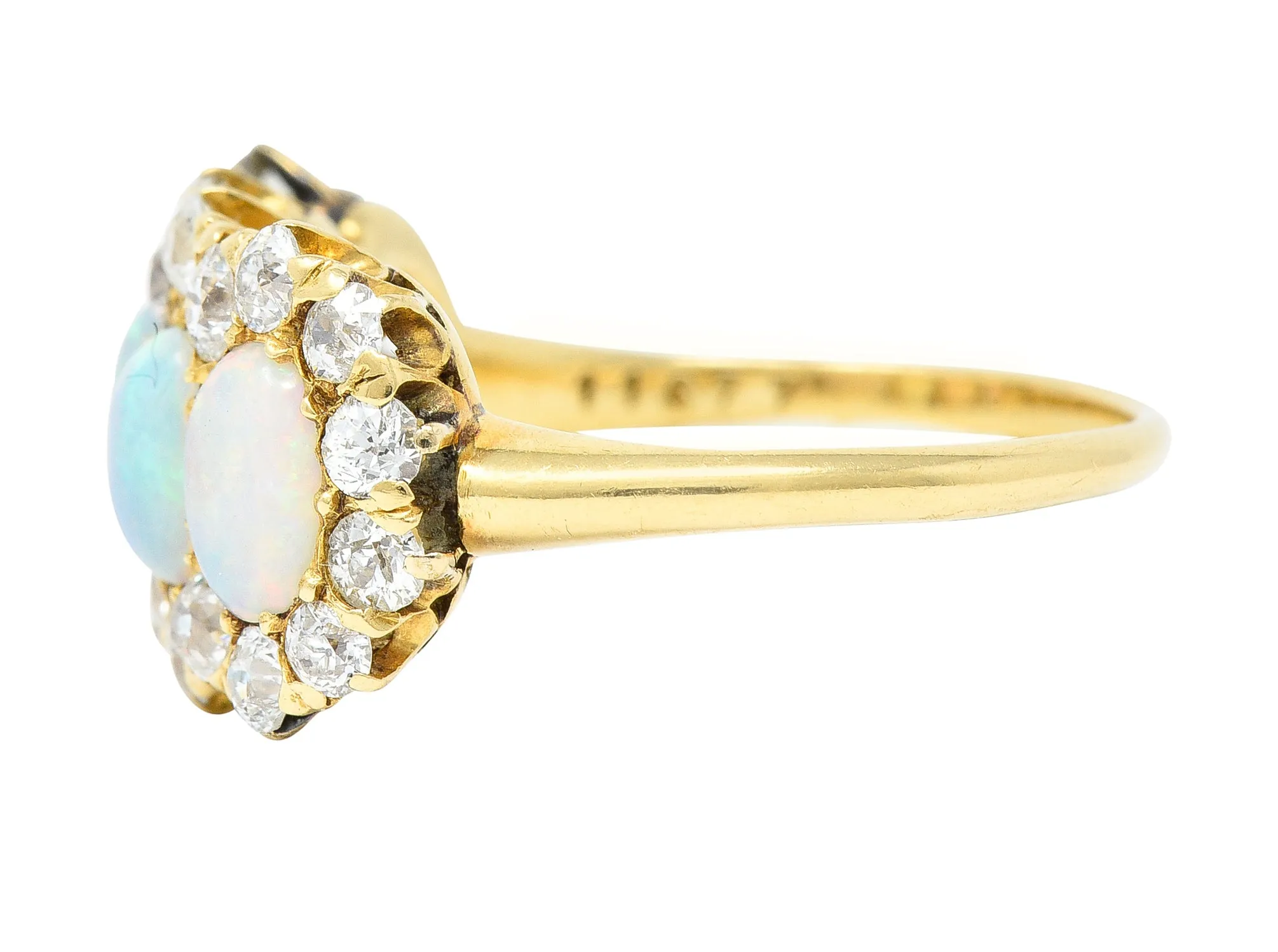 Victorian 1.32 CTW Opal Cabochon Old European Cut Diamond 18 Karat Yellow Gold Antique Cluster Ring