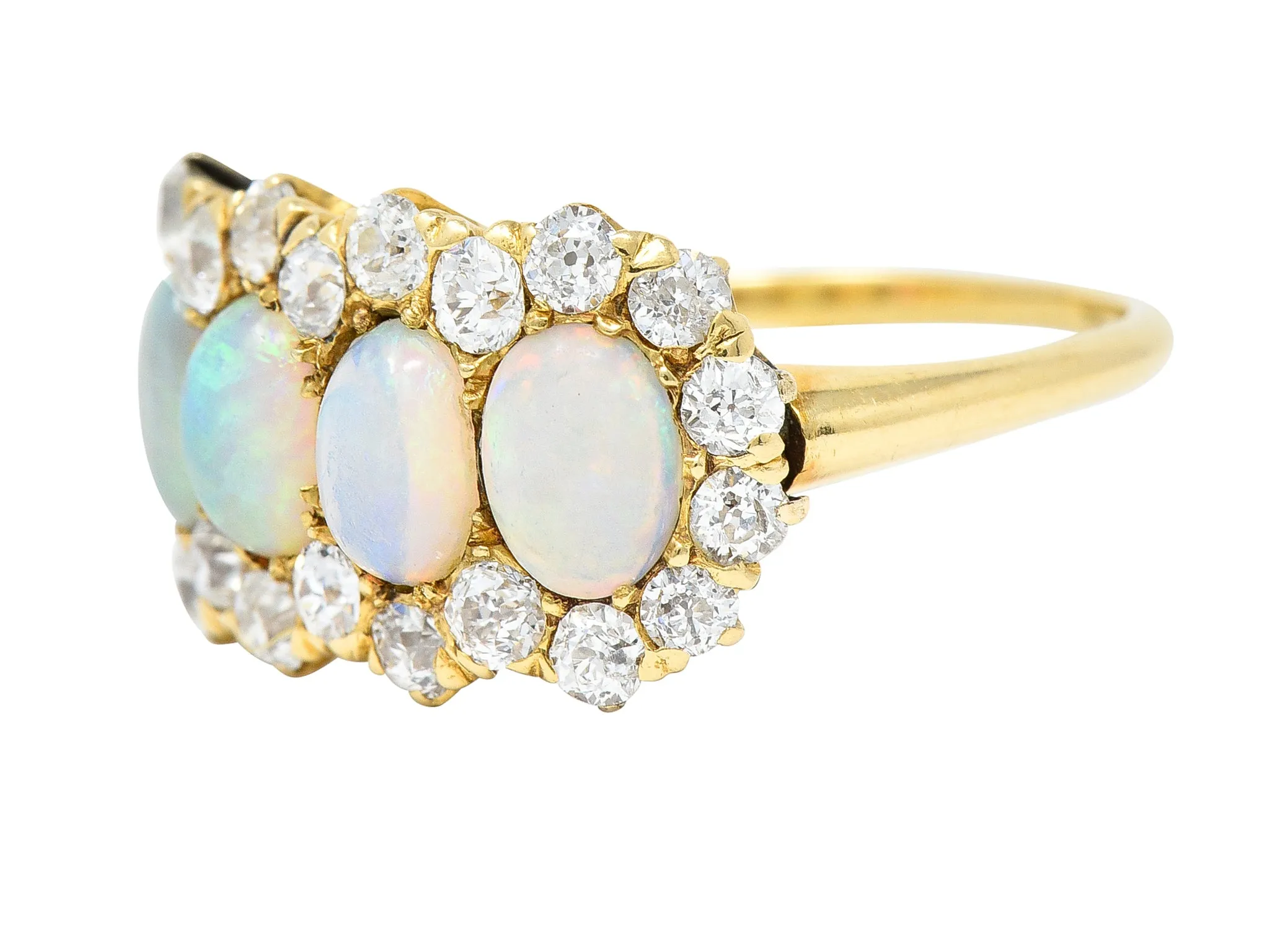 Victorian 1.32 CTW Opal Cabochon Old European Cut Diamond 18 Karat Yellow Gold Antique Cluster Ring