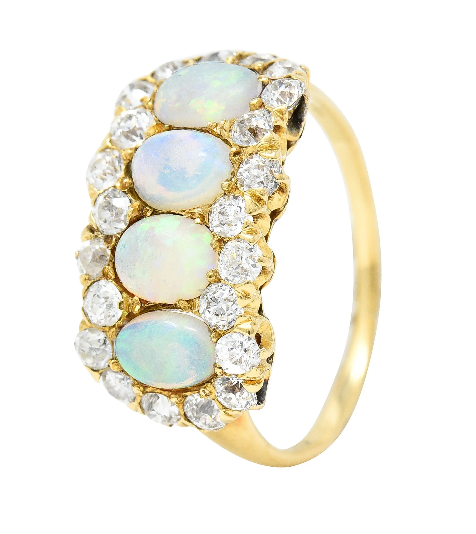 Victorian 1.32 CTW Opal Cabochon Old European Cut Diamond 18 Karat Yellow Gold Antique Cluster Ring