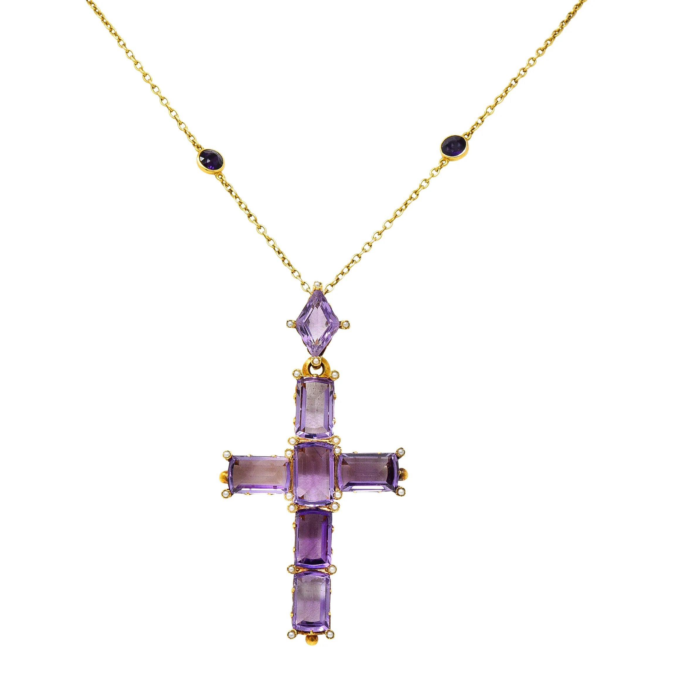 Victorian 24.50 CTW Amethyst Pearl 14 Karat Yellow Gold Cross Antique Pendant Necklace