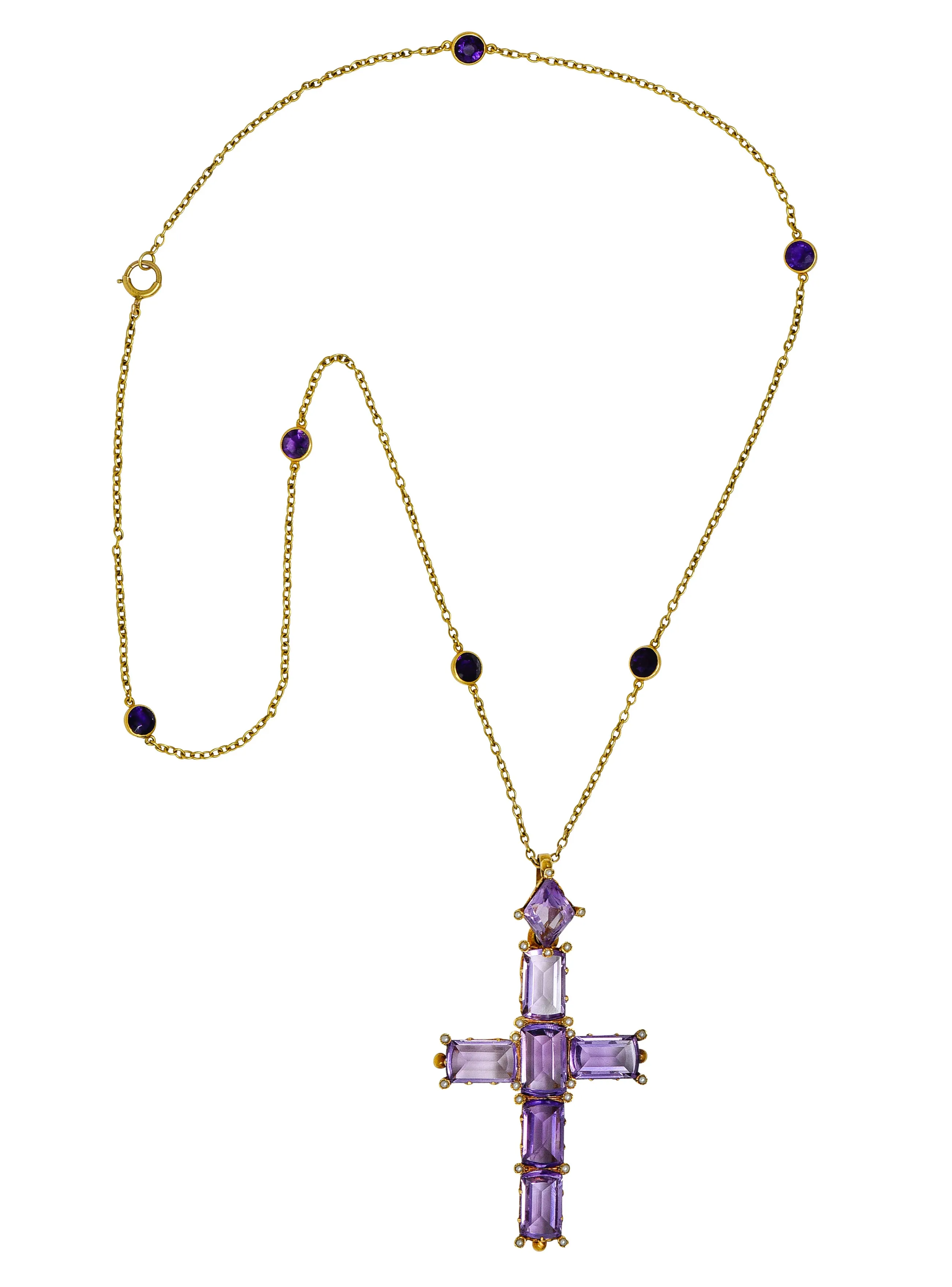 Victorian 24.50 CTW Amethyst Pearl 14 Karat Yellow Gold Cross Antique Pendant Necklace