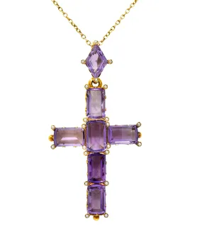 Victorian 24.50 CTW Amethyst Pearl 14 Karat Yellow Gold Cross Antique Pendant Necklace