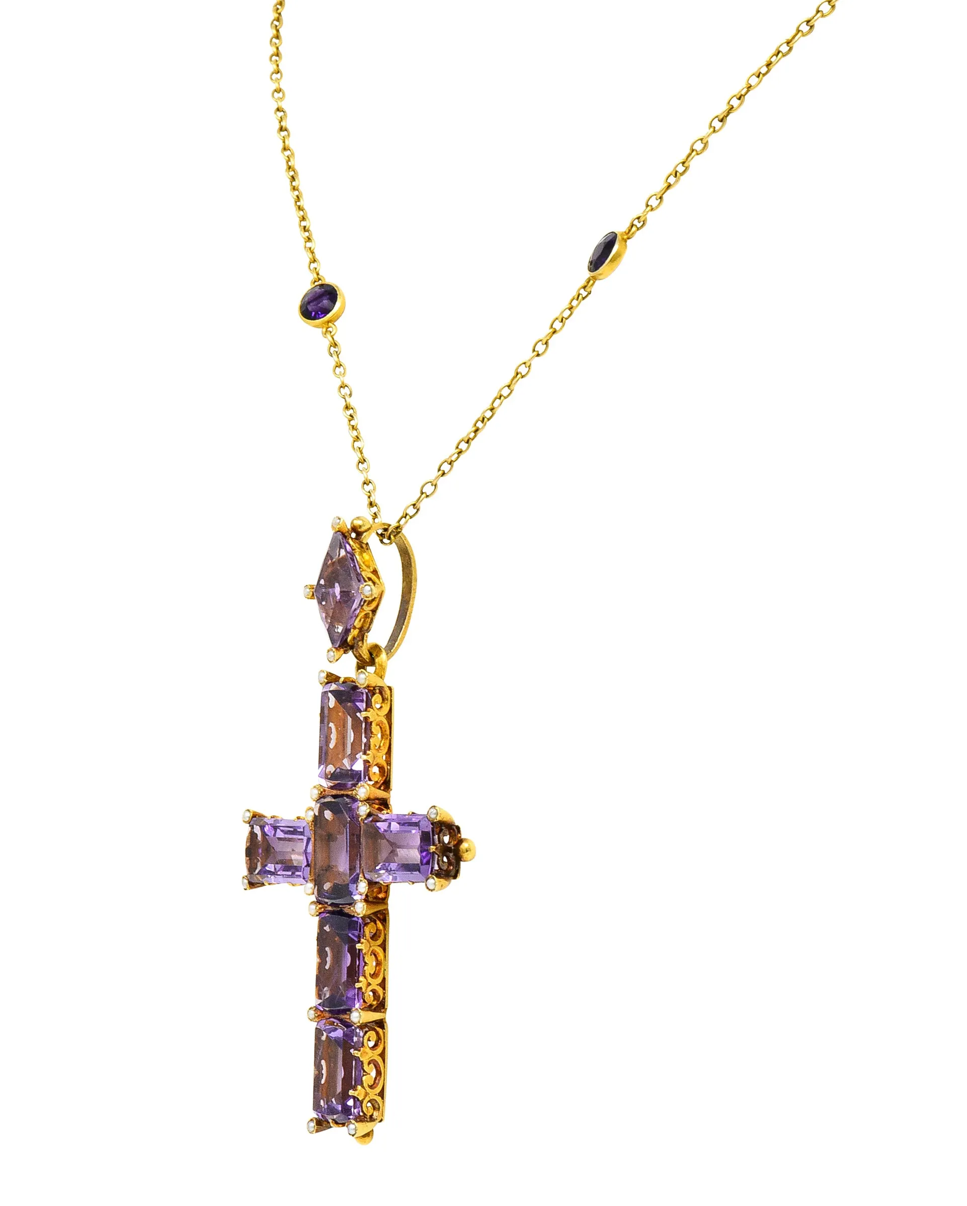 Victorian 24.50 CTW Amethyst Pearl 14 Karat Yellow Gold Cross Antique Pendant Necklace