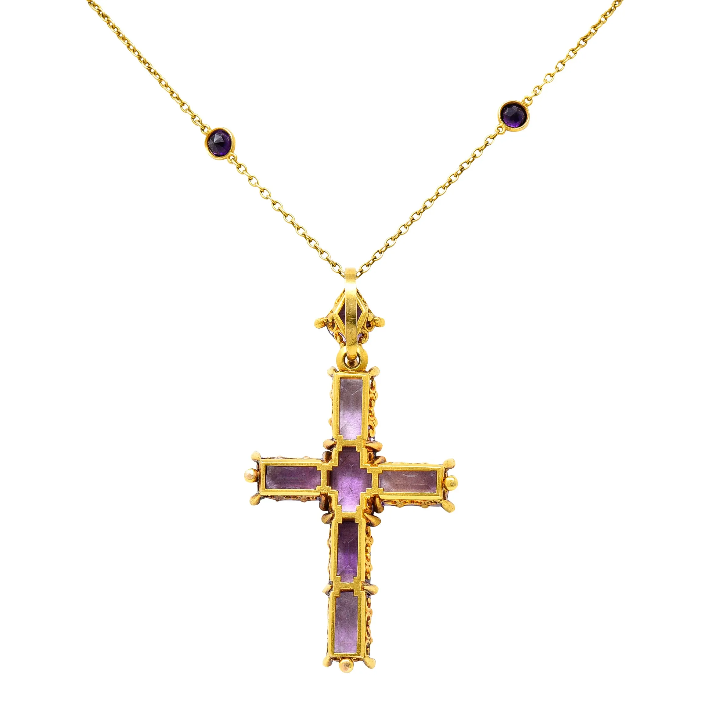 Victorian 24.50 CTW Amethyst Pearl 14 Karat Yellow Gold Cross Antique Pendant Necklace