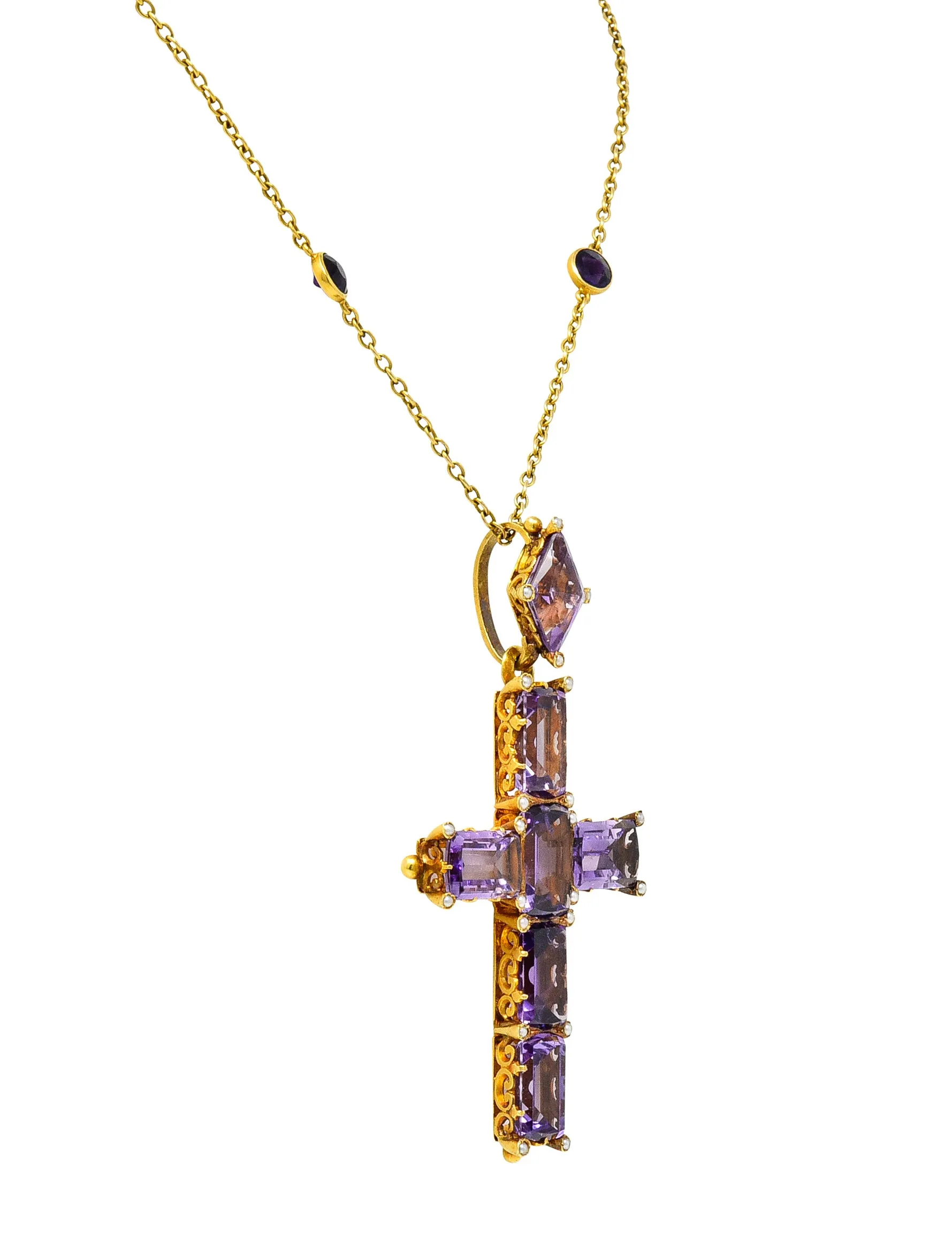 Victorian 24.50 CTW Amethyst Pearl 14 Karat Yellow Gold Cross Antique Pendant Necklace