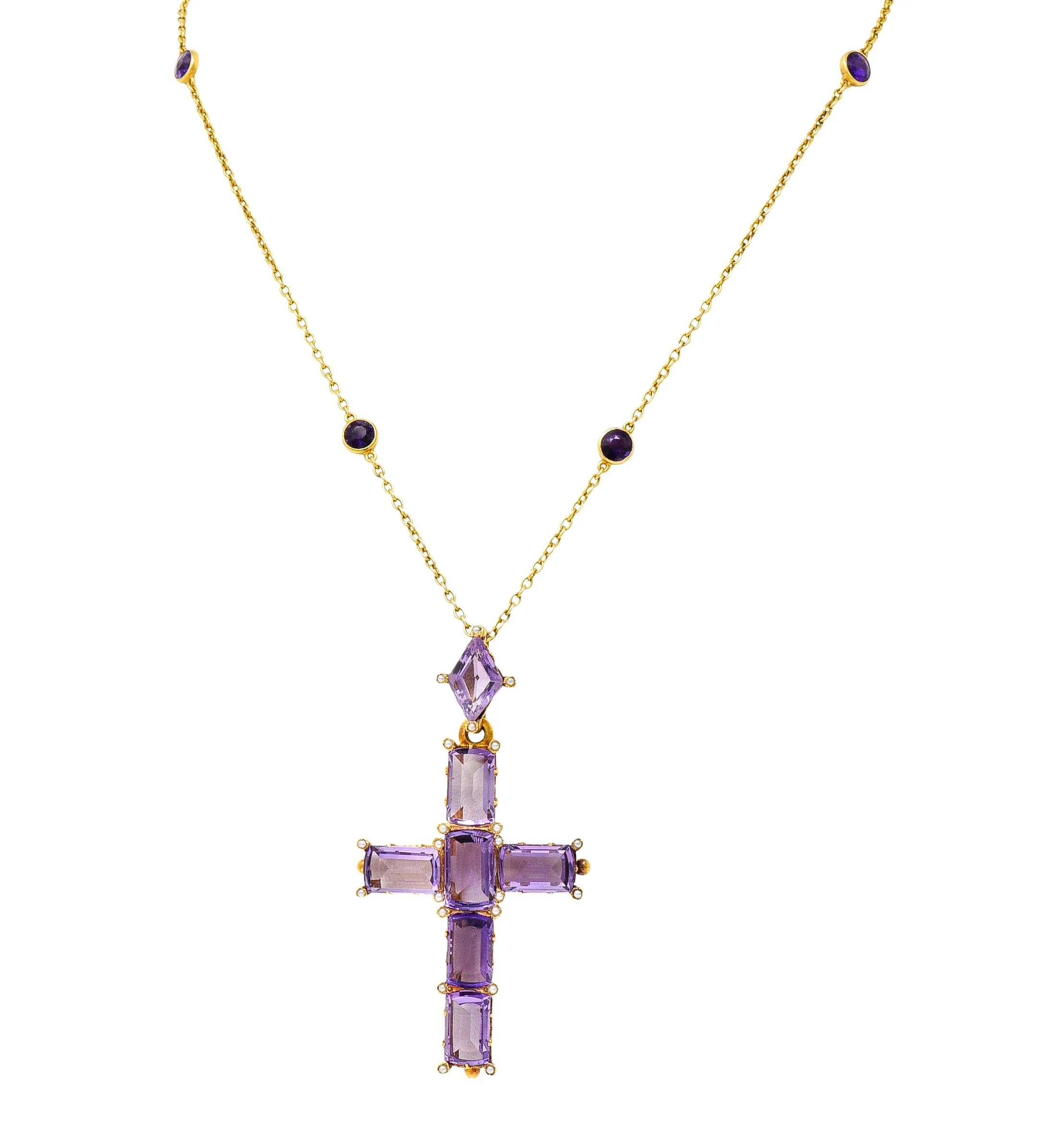 Victorian 24.50 CTW Amethyst Pearl 14 Karat Yellow Gold Cross Antique Pendant Necklace