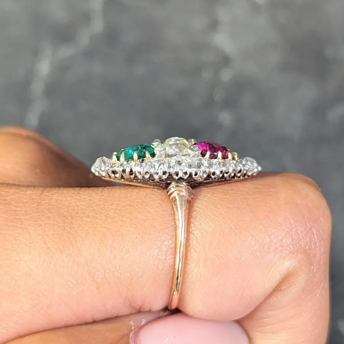 Victorian 3.10 CTW Ruby Emerald Diamond Platinum 18 Karat Rose Gold Navette Ring