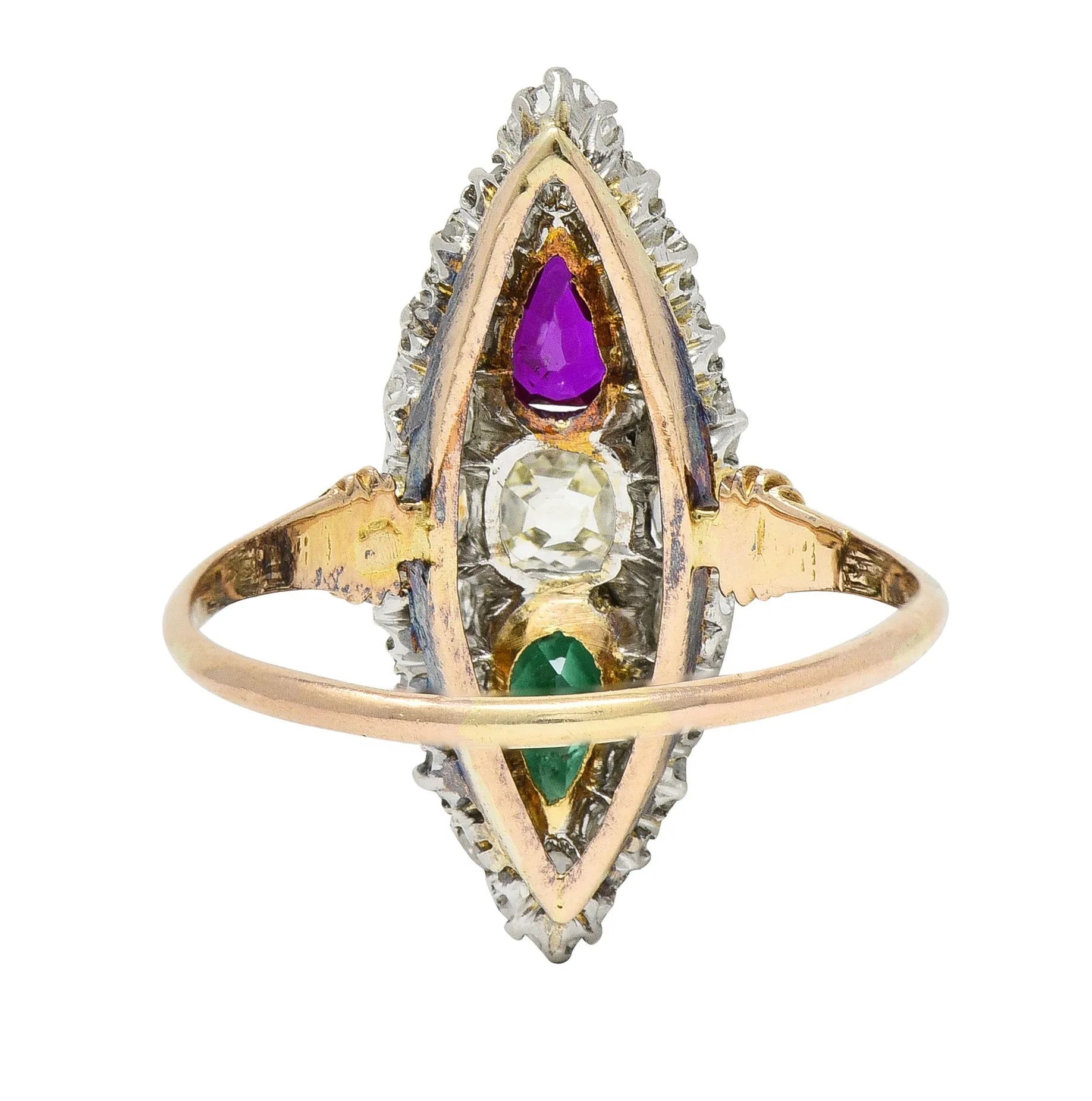 Victorian 3.10 CTW Ruby Emerald Diamond Platinum 18 Karat Rose Gold Navette Ring