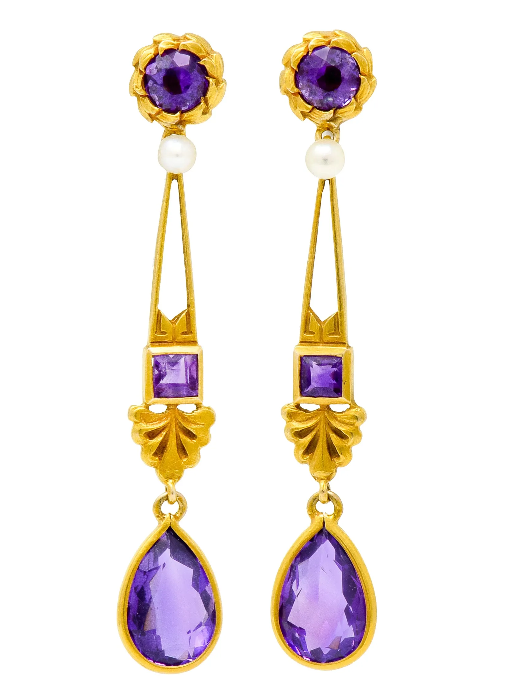 Victorian Amethyst Pearl 14 Karat Gold Foliate Drop Earrings