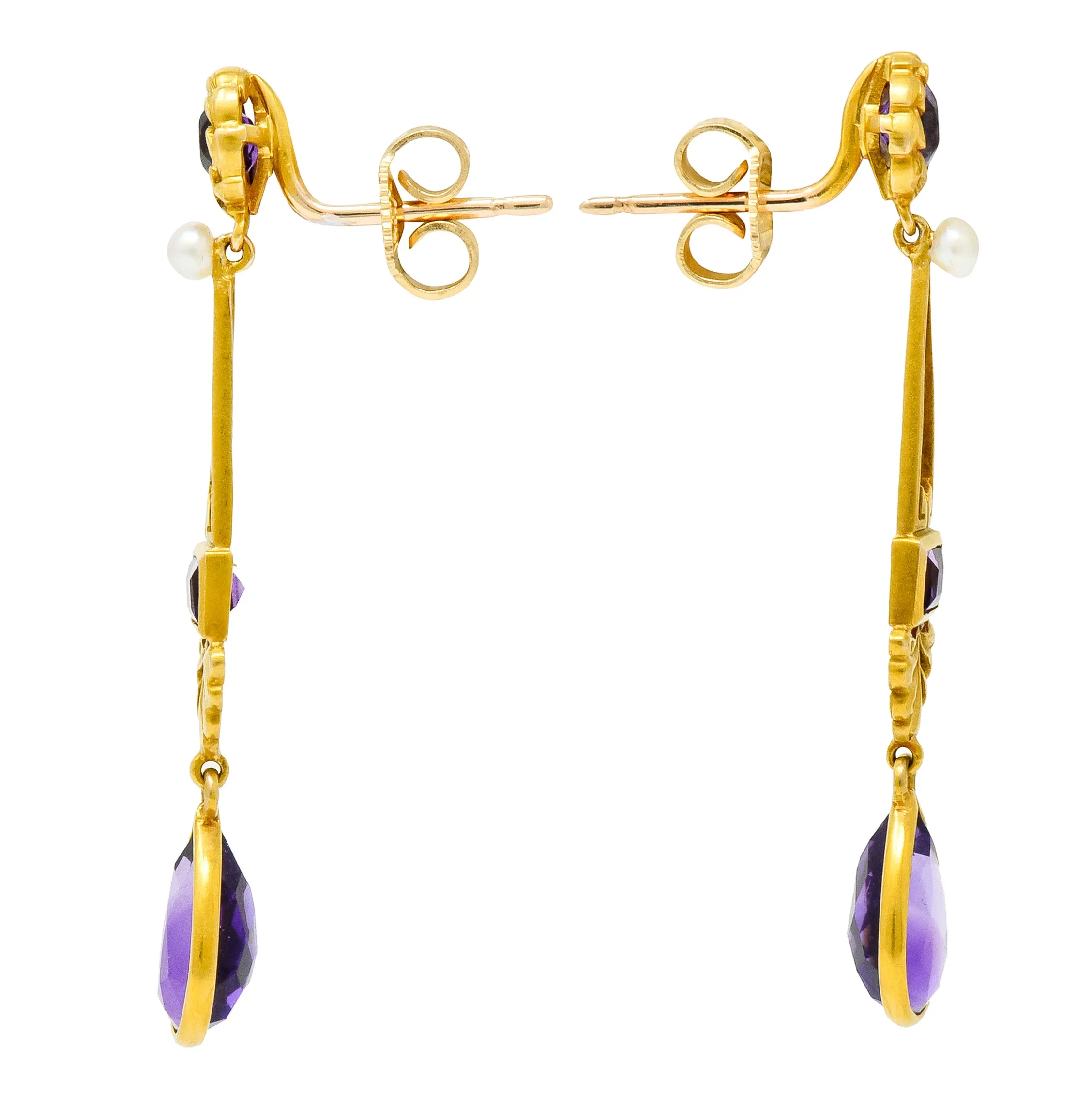 Victorian Amethyst Pearl 14 Karat Gold Foliate Drop Earrings