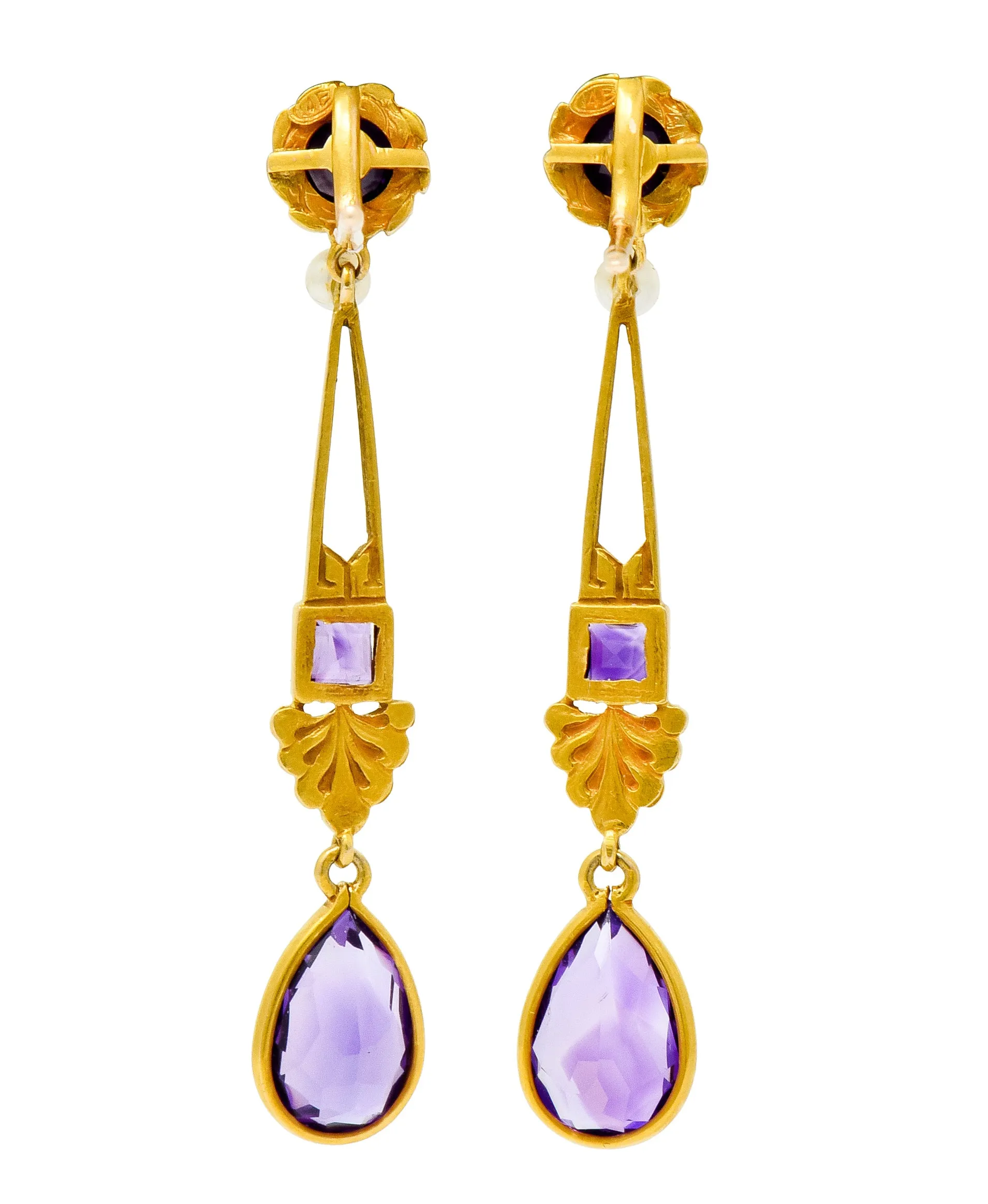 Victorian Amethyst Pearl 14 Karat Gold Foliate Drop Earrings