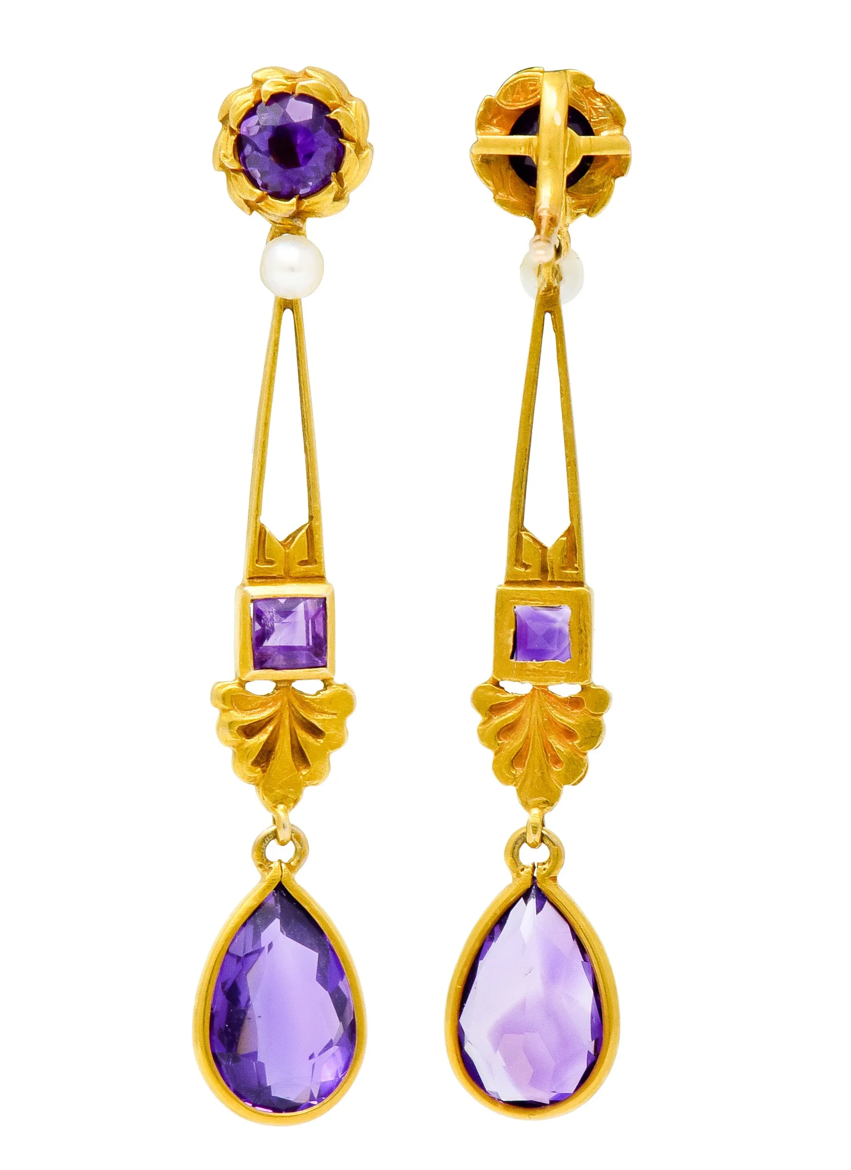 Victorian Amethyst Pearl 14 Karat Gold Foliate Drop Earrings