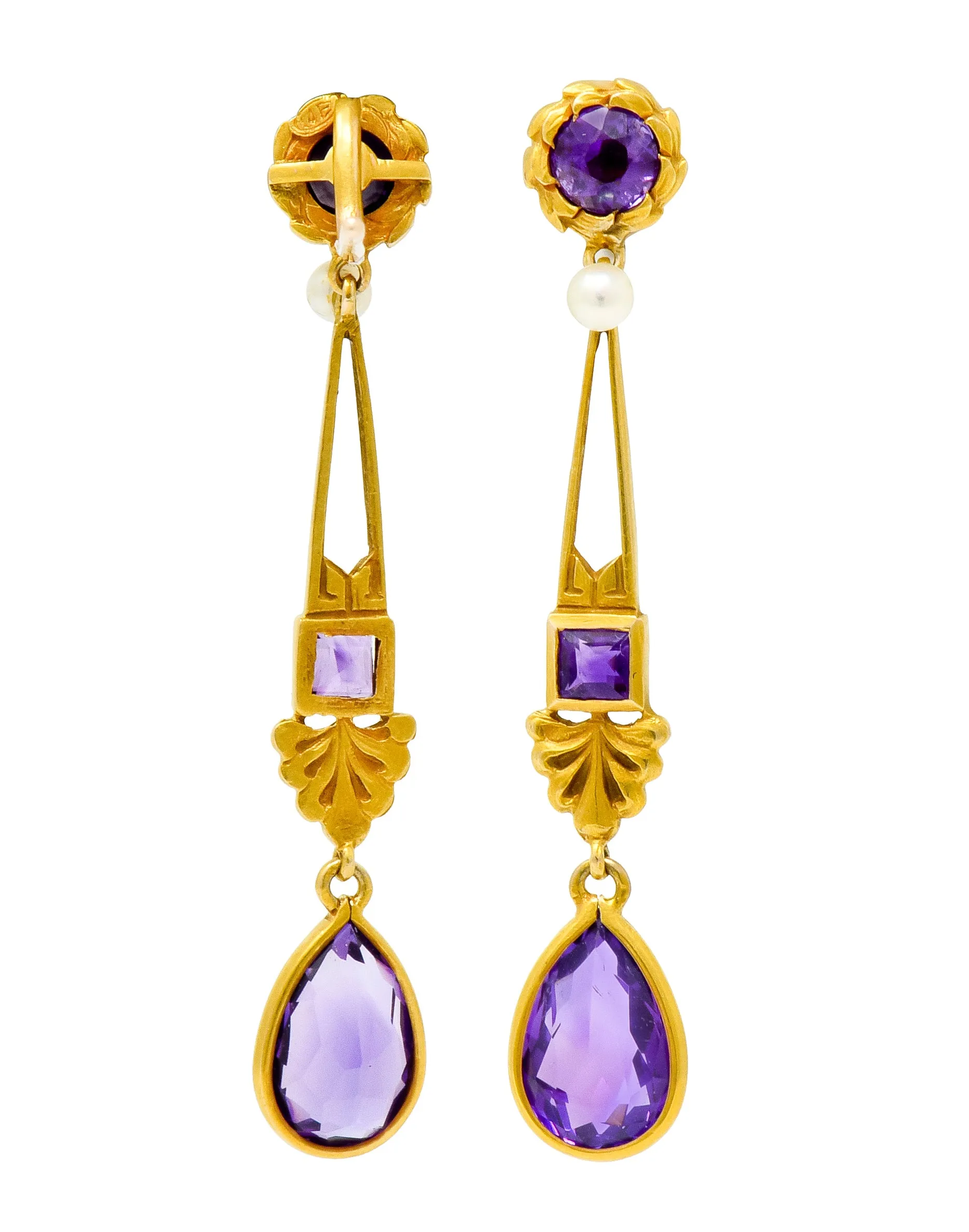 Victorian Amethyst Pearl 14 Karat Gold Foliate Drop Earrings