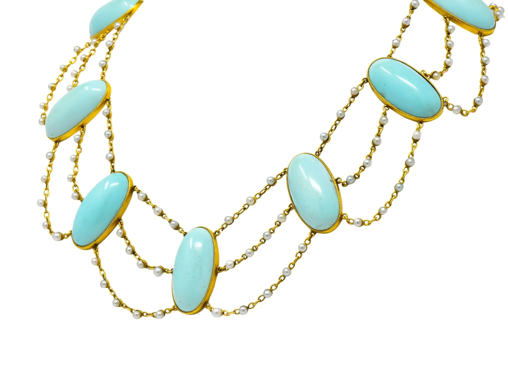 Victorian Cabochon Turquoise Pearl 14 Karat Gold Swag Necklace