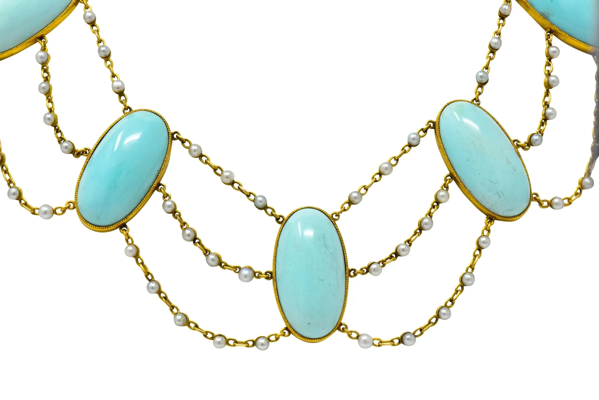 Victorian Cabochon Turquoise Pearl 14 Karat Gold Swag Necklace