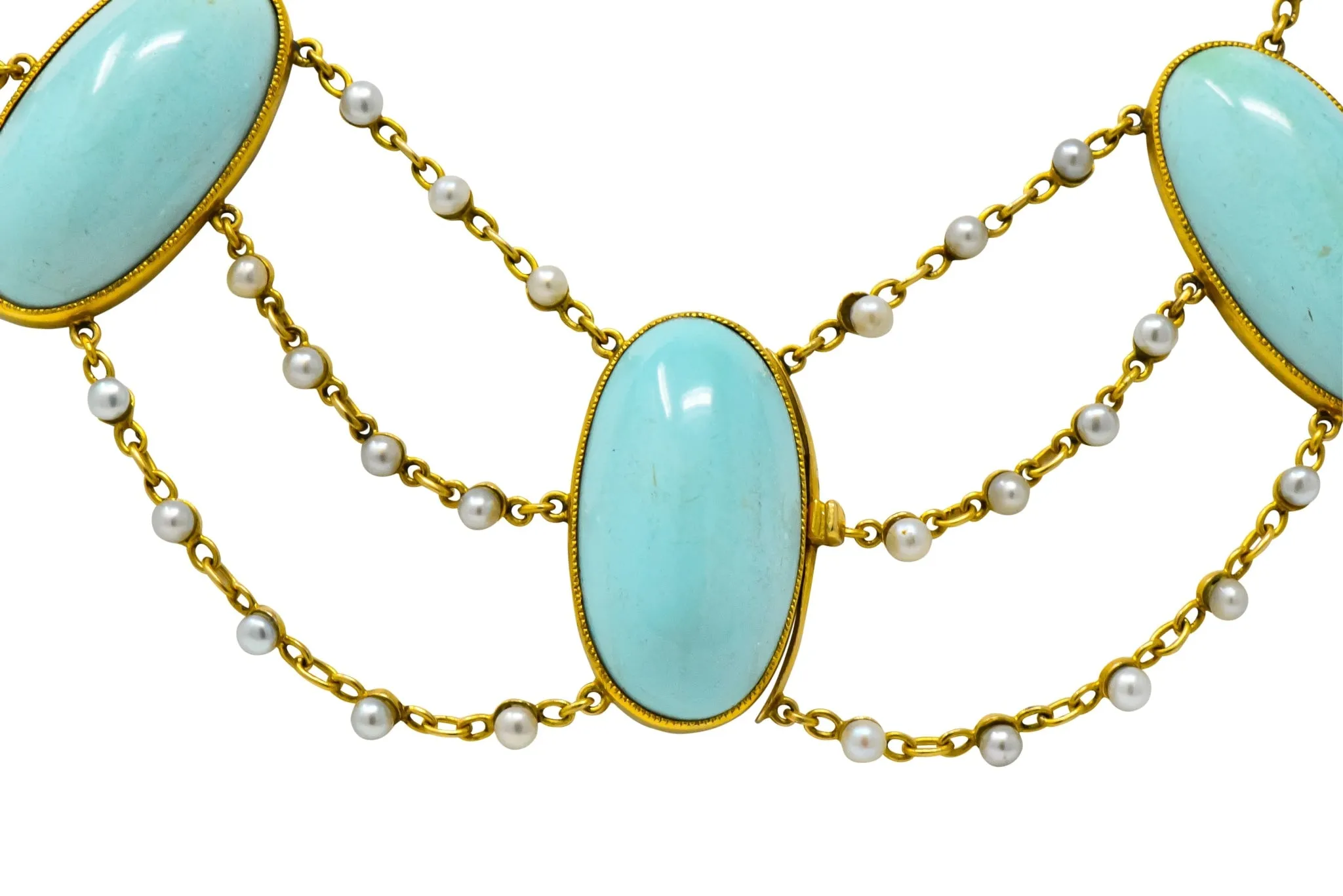 Victorian Cabochon Turquoise Pearl 14 Karat Gold Swag Necklace