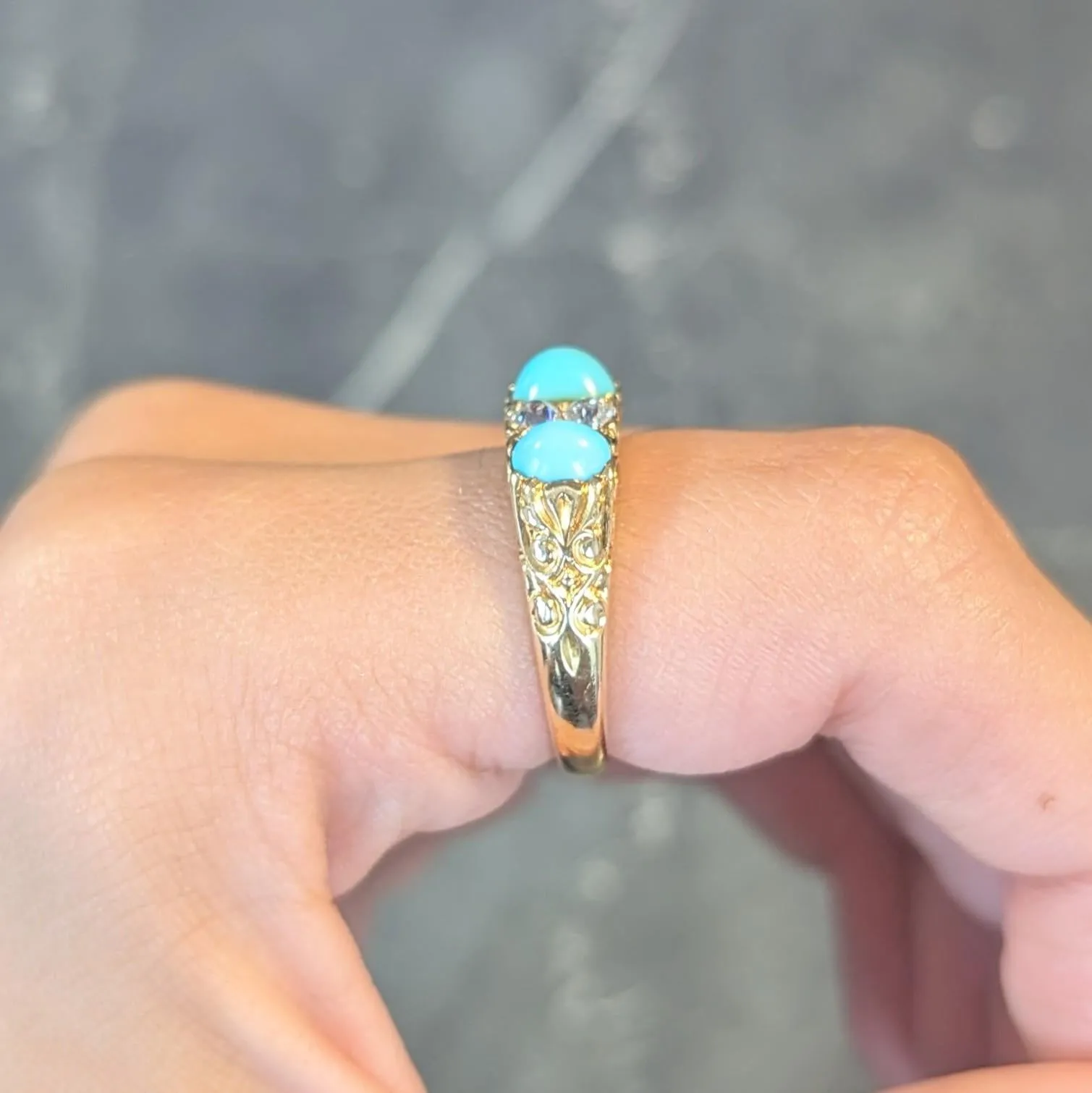 Victorian Diamond Turquoise 18 Karat Yellow Gold Scrolling Antique Band Ring