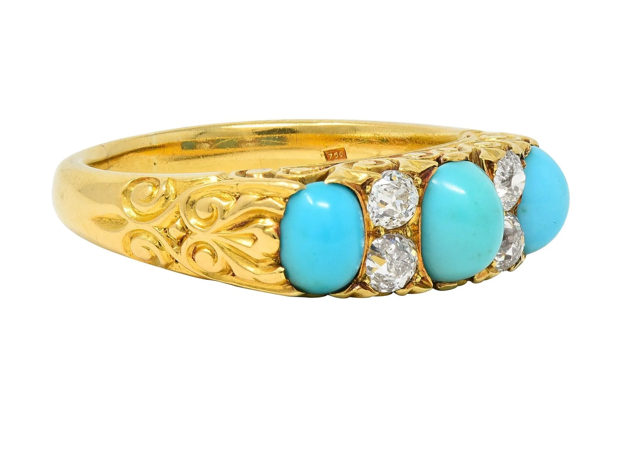 Victorian Diamond Turquoise 18 Karat Yellow Gold Scrolling Antique Band Ring