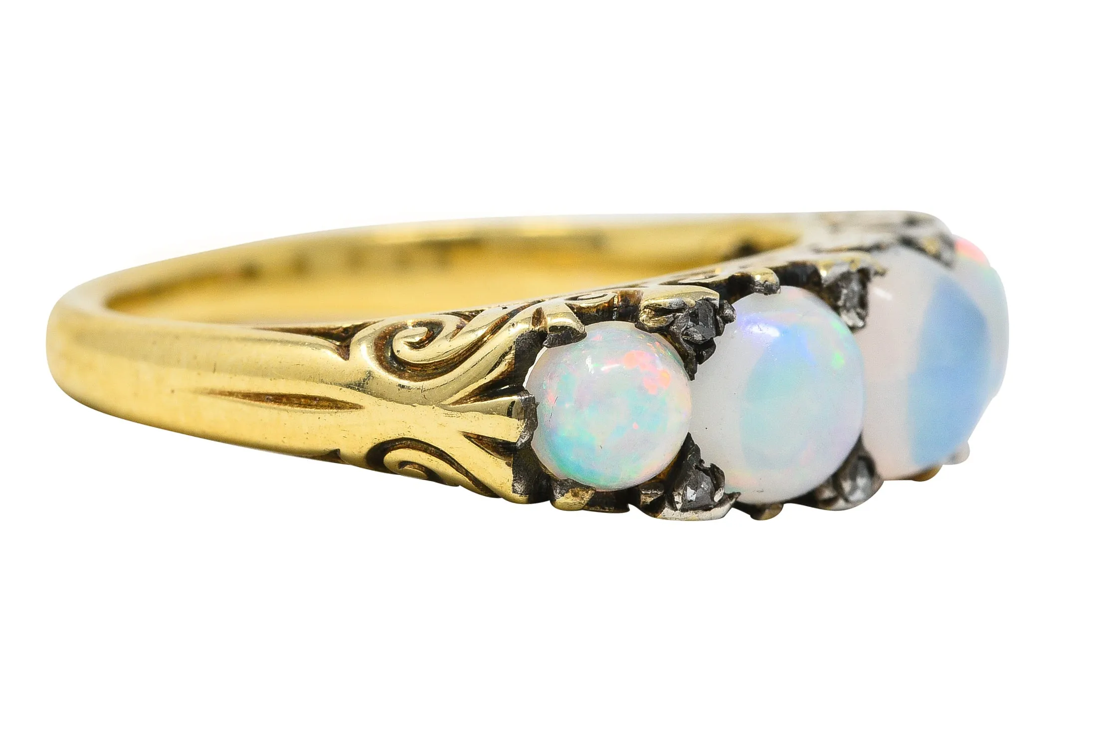 Victorian Jelly Opal Diamond 18 Karat Yellow Gold Five Stone Antique Ring