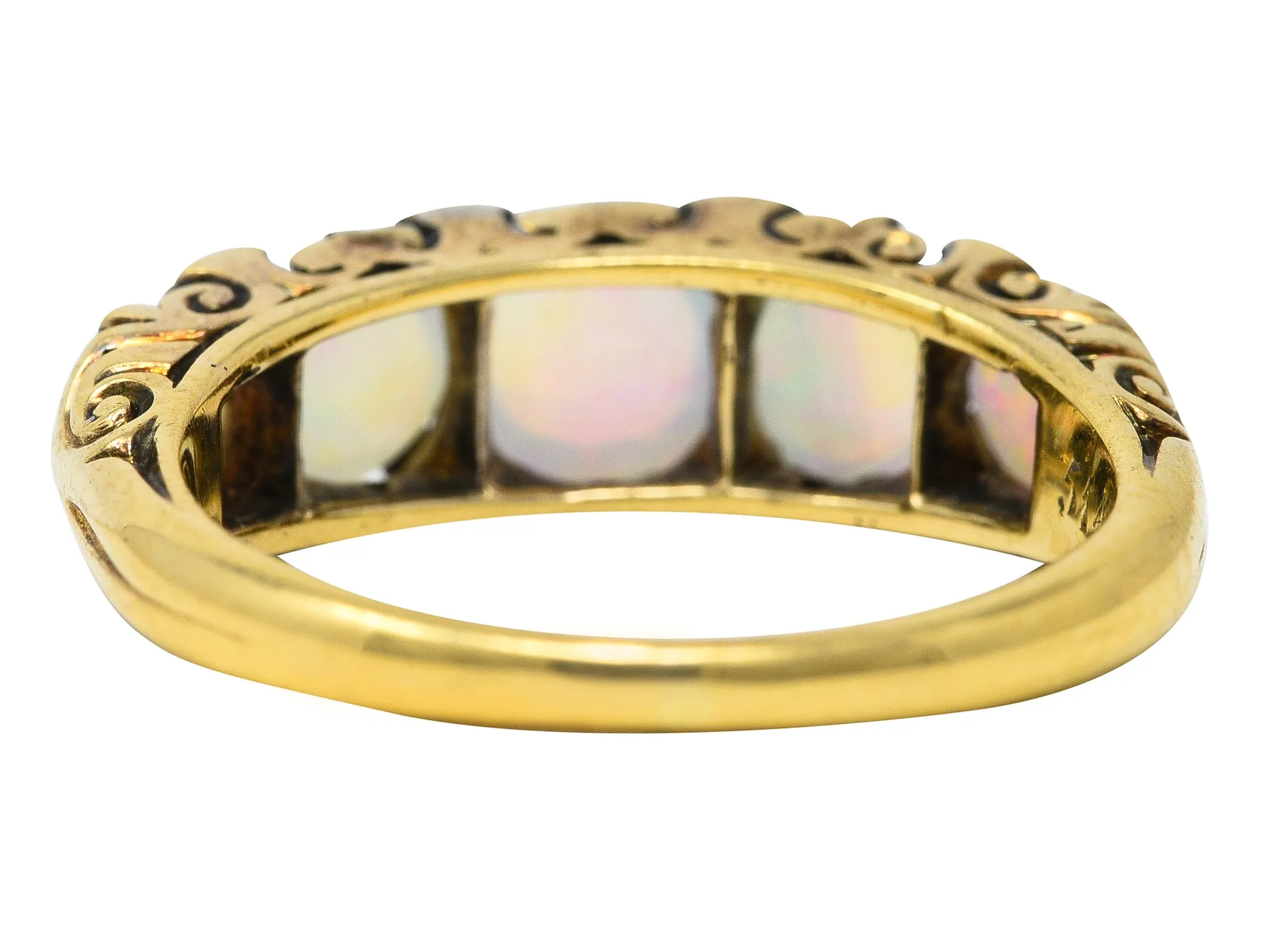 Victorian Jelly Opal Diamond 18 Karat Yellow Gold Five Stone Antique Ring