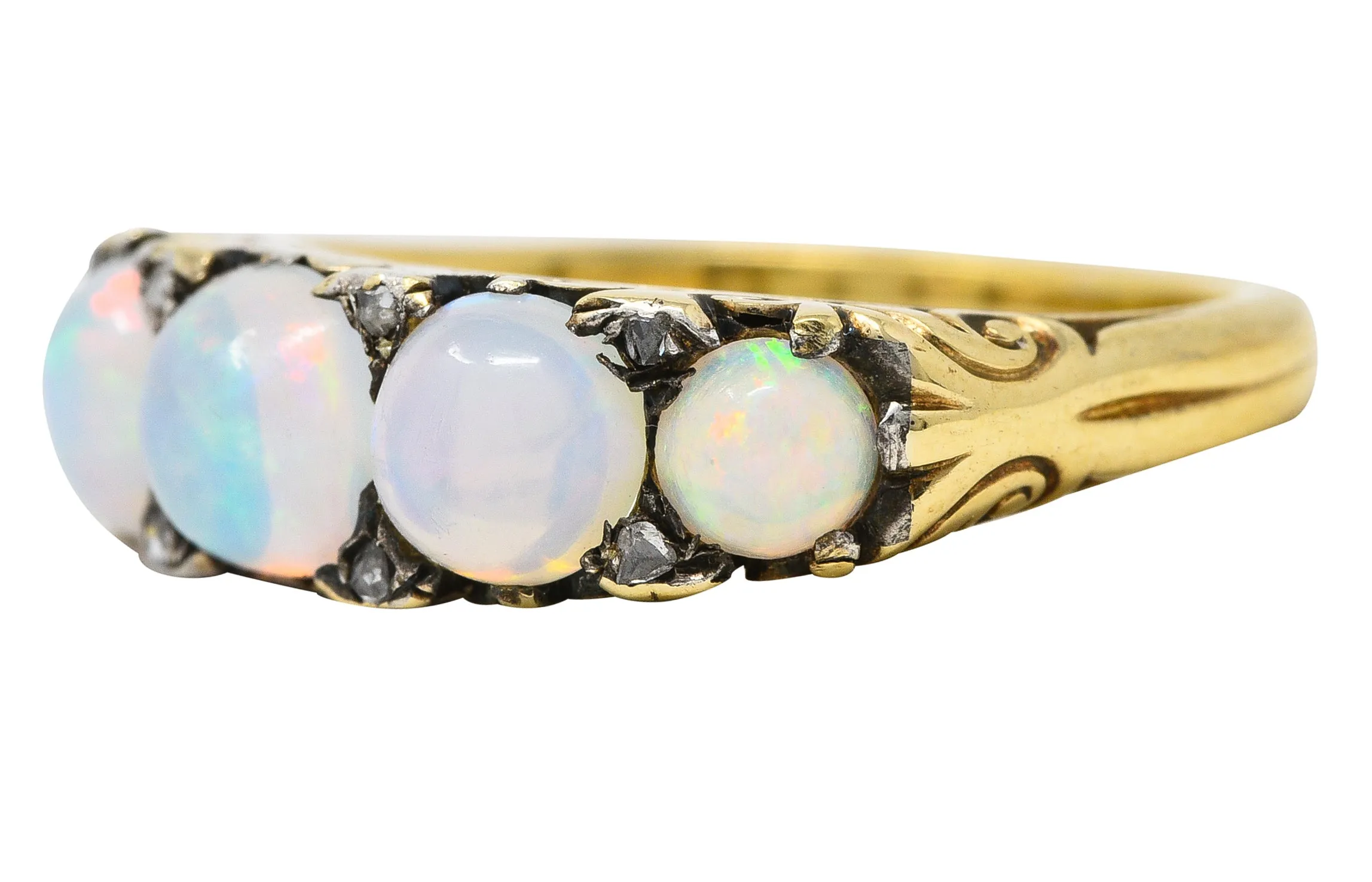 Victorian Jelly Opal Diamond 18 Karat Yellow Gold Five Stone Antique Ring