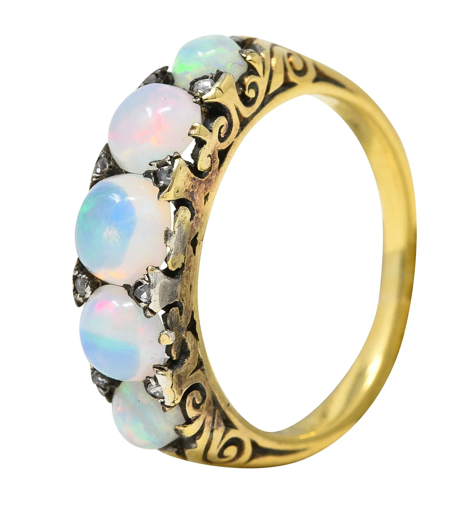 Victorian Jelly Opal Diamond 18 Karat Yellow Gold Five Stone Antique Ring