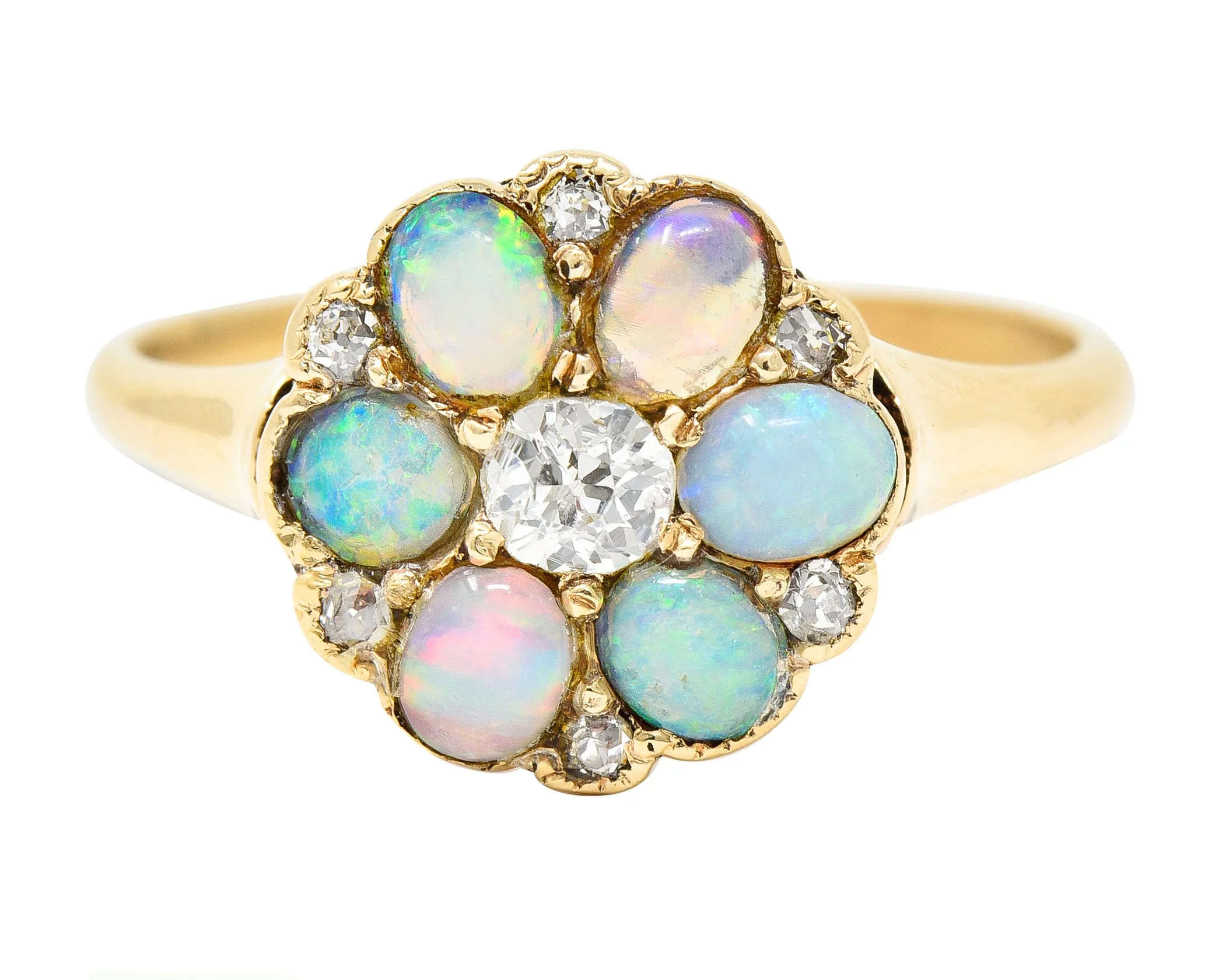 Victorian Old European Cut Diamond Opal Cabochon 14 Karat Yellow Gold Floral Antique Cluster Ring