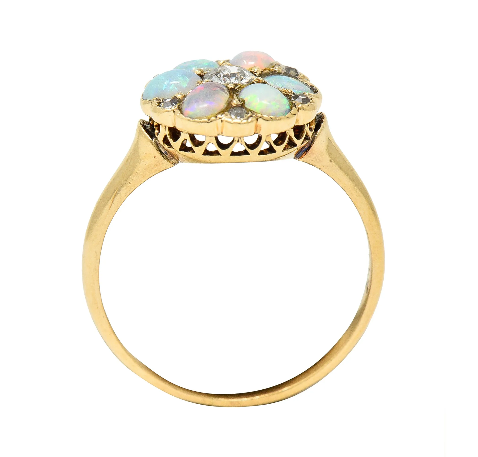 Victorian Old European Cut Diamond Opal Cabochon 14 Karat Yellow Gold Floral Antique Cluster Ring