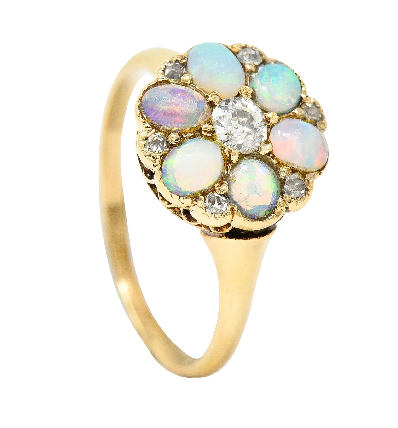 Victorian Old European Cut Diamond Opal Cabochon 14 Karat Yellow Gold Floral Antique Cluster Ring