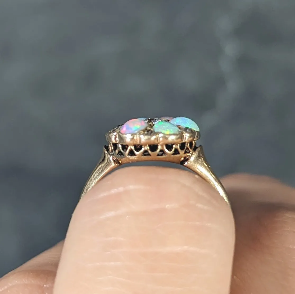 Victorian Old European Cut Diamond Opal Cabochon 14 Karat Yellow Gold Floral Antique Cluster Ring