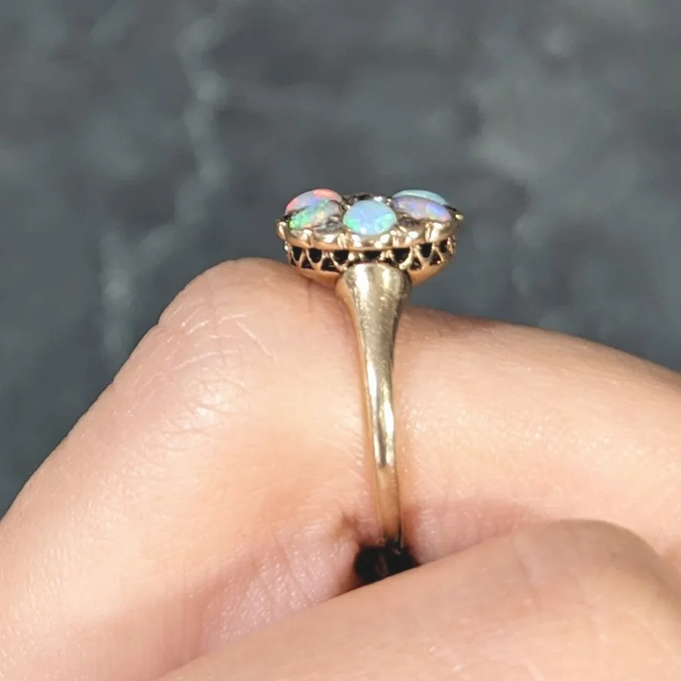 Victorian Old European Cut Diamond Opal Cabochon 14 Karat Yellow Gold Floral Antique Cluster Ring