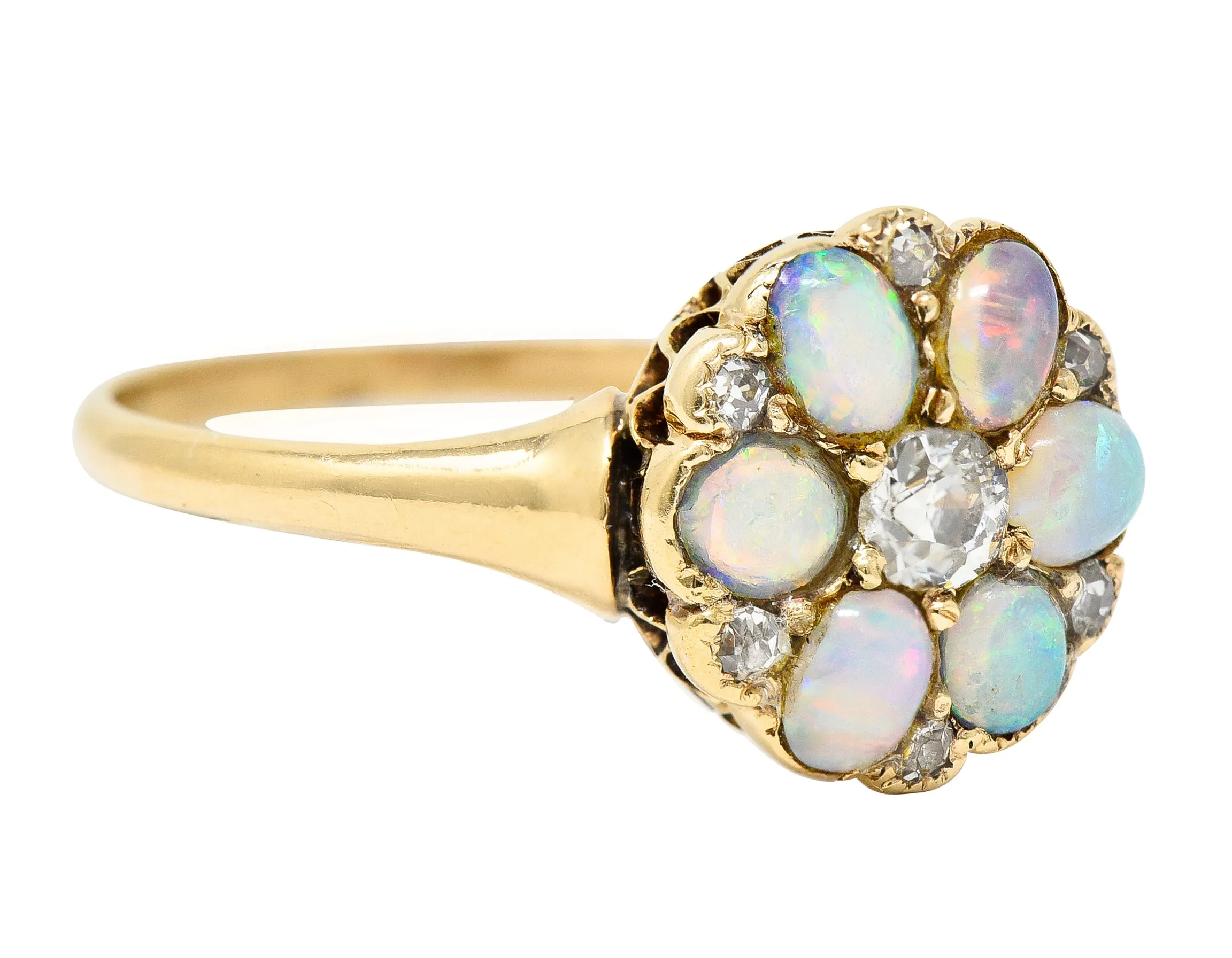 Victorian Old European Cut Diamond Opal Cabochon 14 Karat Yellow Gold Floral Antique Cluster Ring