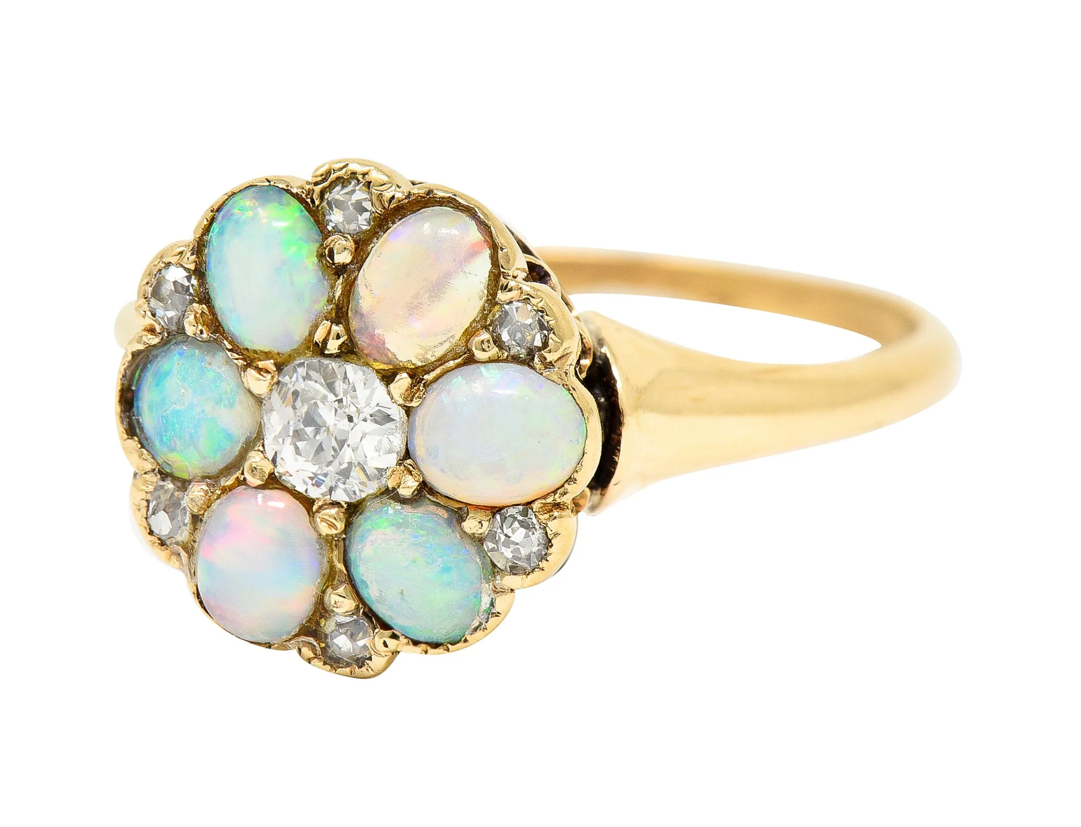 Victorian Old European Cut Diamond Opal Cabochon 14 Karat Yellow Gold Floral Antique Cluster Ring