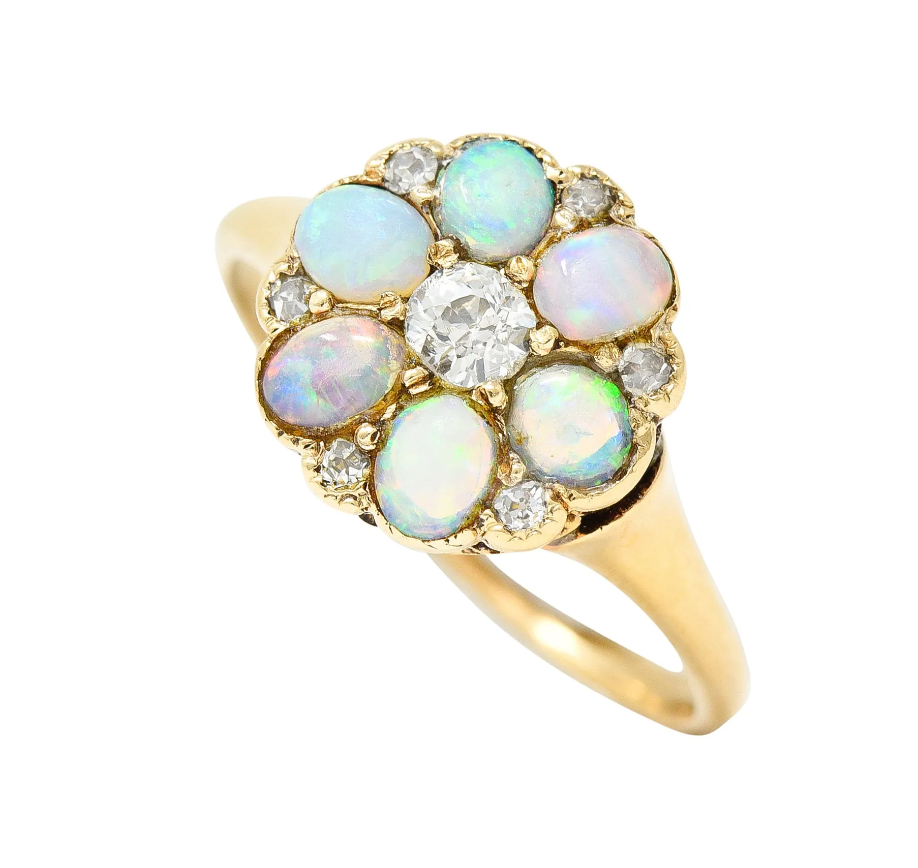 Victorian Old European Cut Diamond Opal Cabochon 14 Karat Yellow Gold Floral Antique Cluster Ring