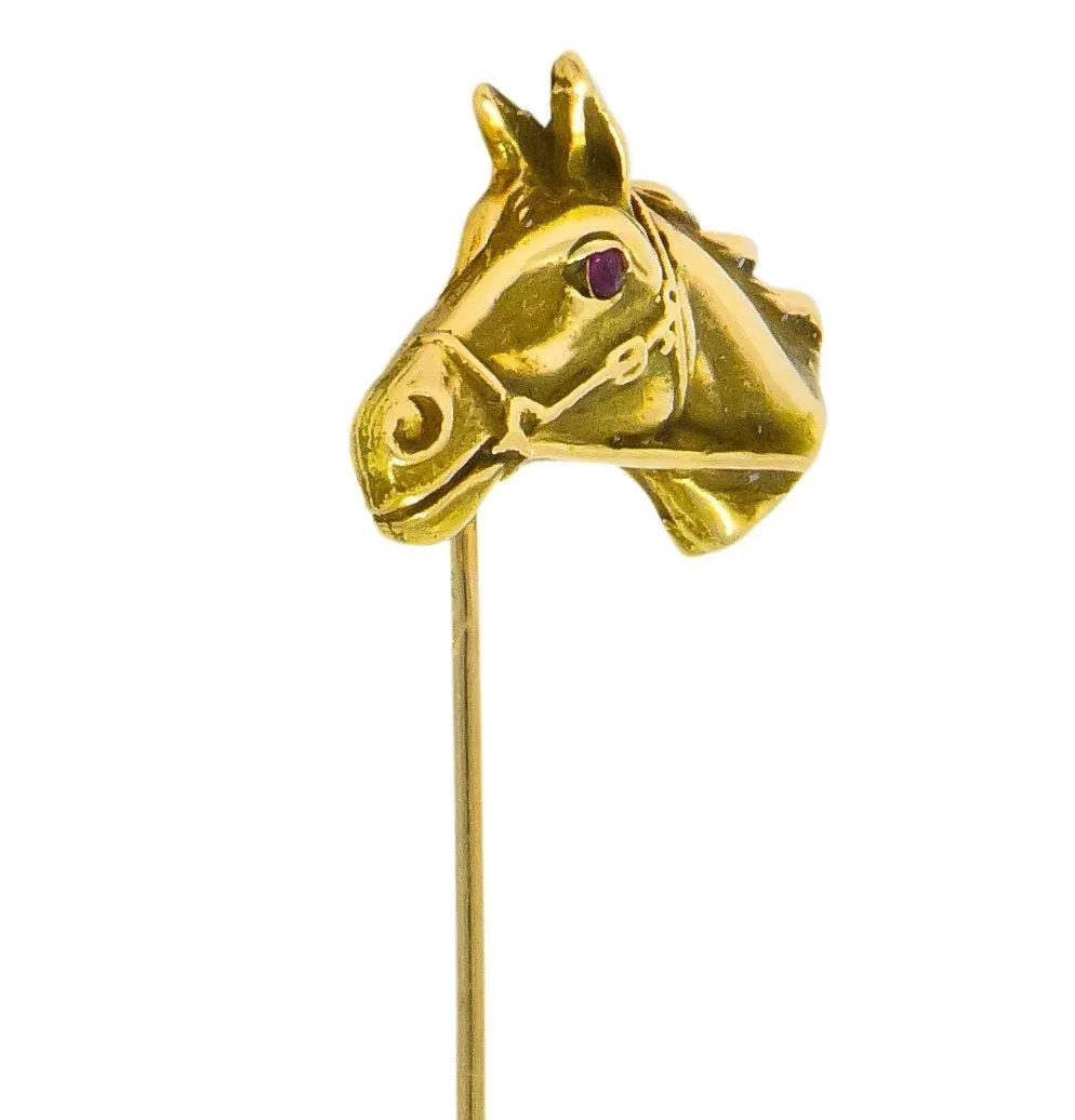 Victorian Ruby 14 Karat Gold Horse Stickpin