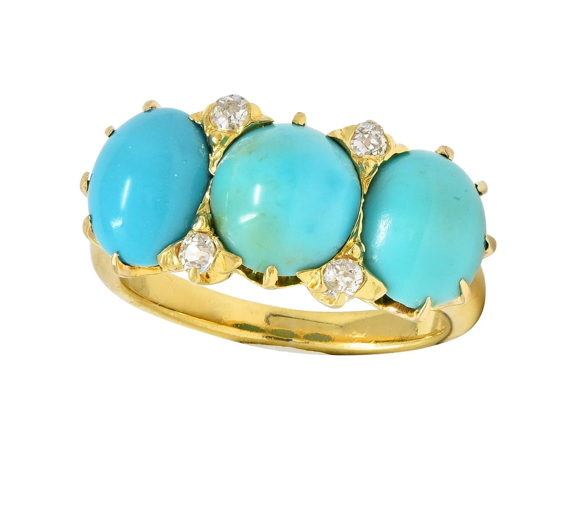 Victorian Turquoise Diamond 18 Karat Yellow Gold Antique Three Stone Band Ring