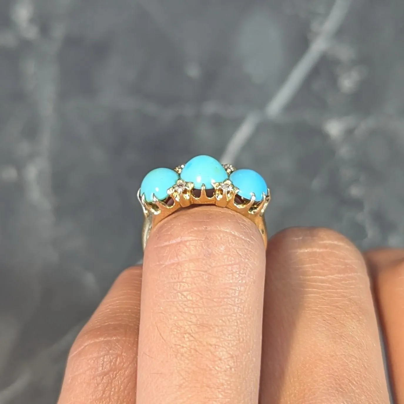 Victorian Turquoise Diamond 18 Karat Yellow Gold Antique Three Stone Band Ring