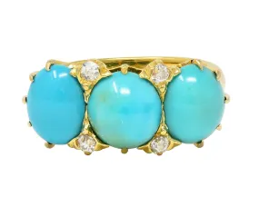 Victorian Turquoise Diamond 18 Karat Yellow Gold Antique Three Stone Band Ring